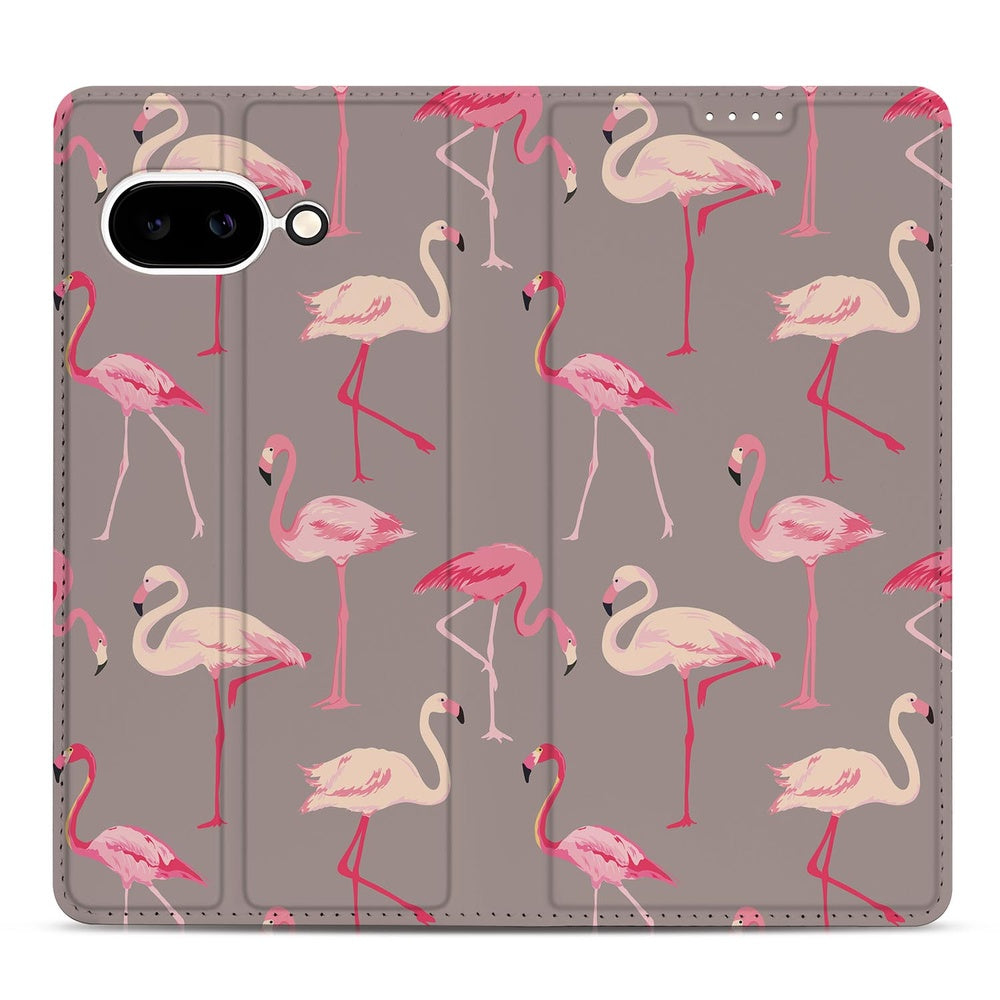 Google Pixel 9a Standcase Hoesje Flamingo flamingo's taupe design voorkant