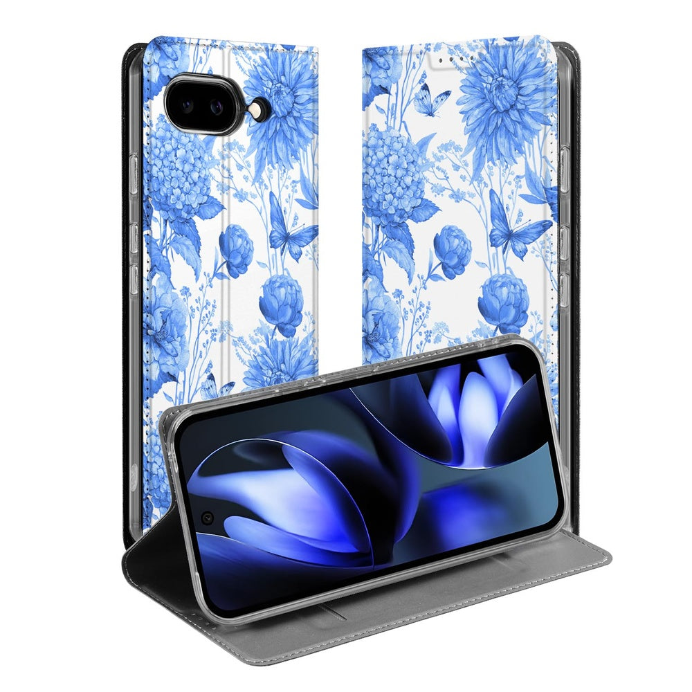Google Pixel 9a Book Case Flowers Blue boekhoes bloemen blauw vooraanzicht