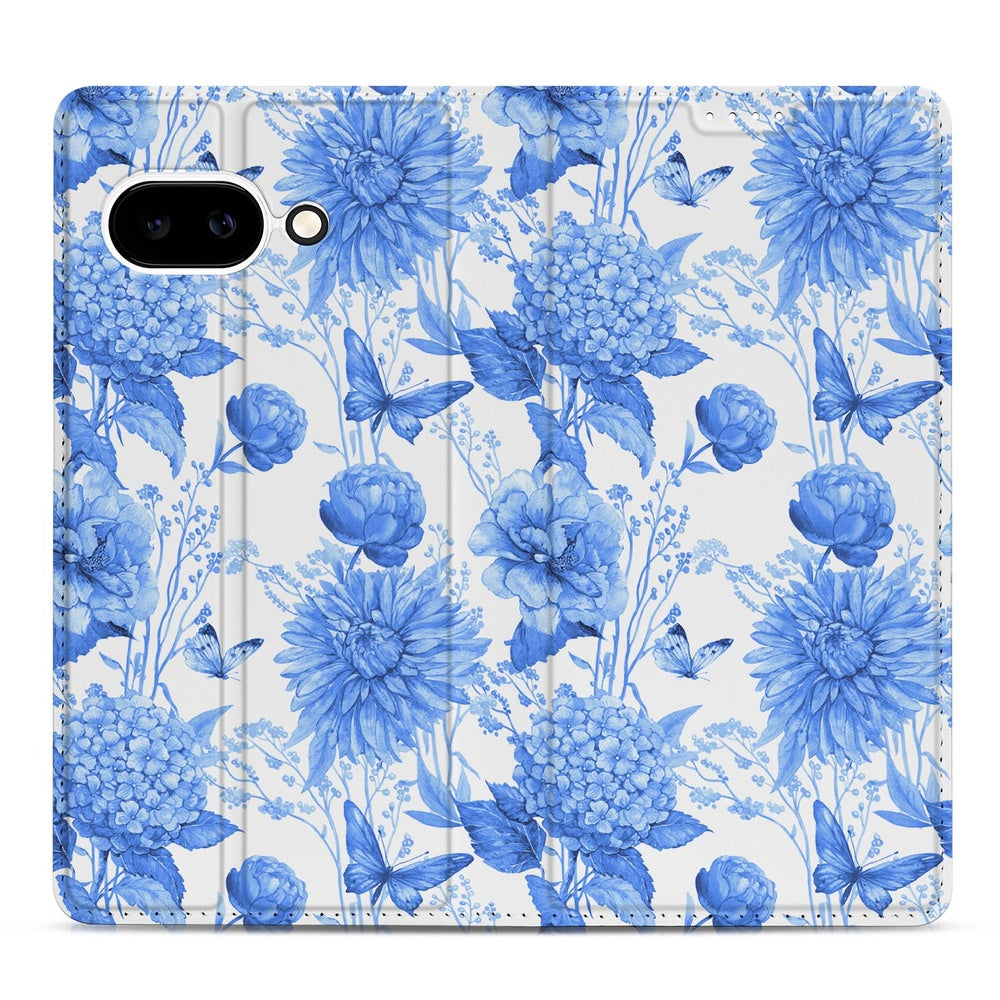 Google Pixel 9a Book Case Flowers Blue design bloemenblauw voorzijde