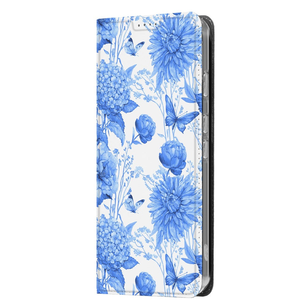 Google Pixel 9a Book Case Flowers Blue bloemen design vooraanzicht