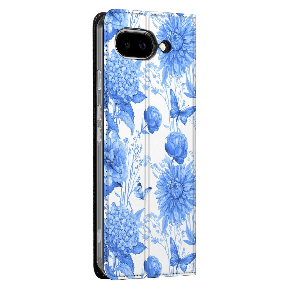Google Pixel 9a Book Case Flowers Blue book case bloemen blauw zijaanzicht