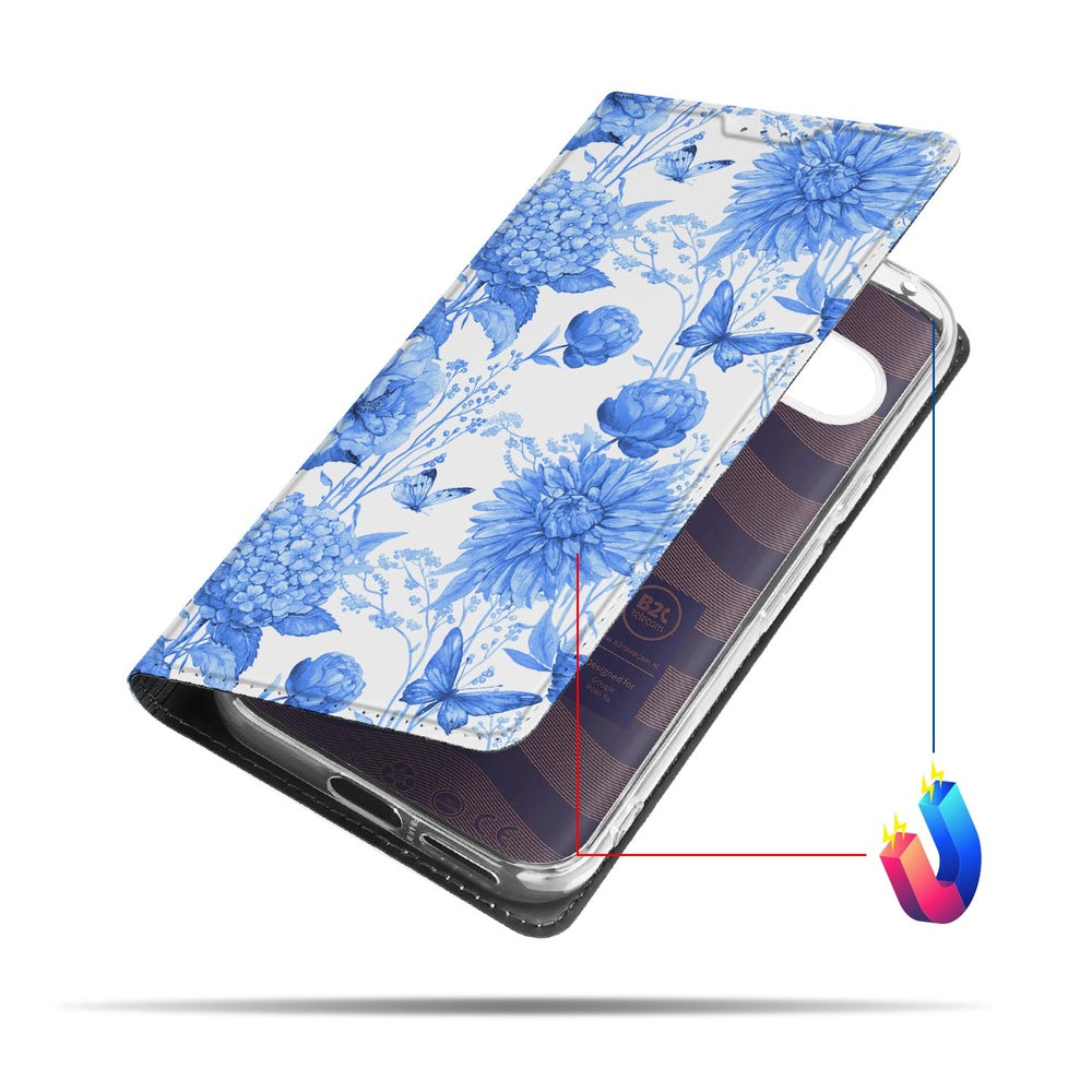 Google Pixel 9a Book Case Flowers Blue book case bloemen blauw zijaanzicht