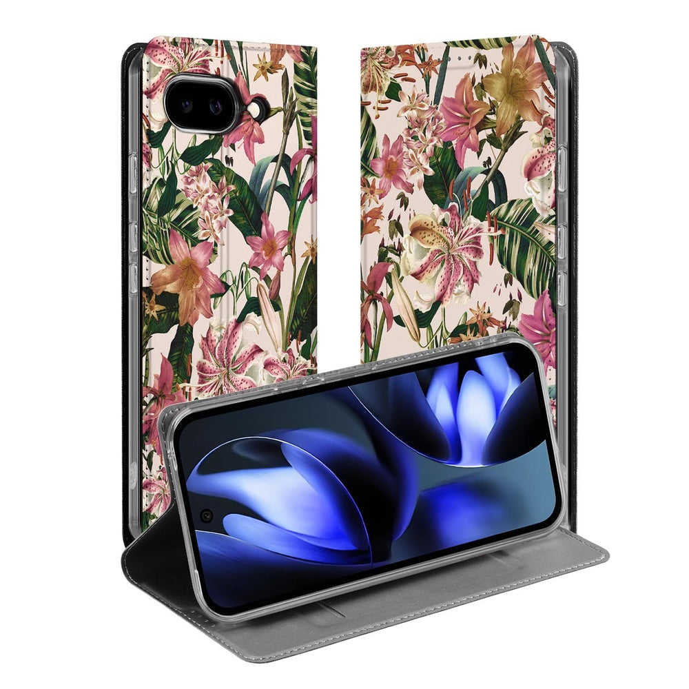 Google Pixel 9a Smart Cover Hoesje Flowers bloemen patroon open stand vooraanzicht