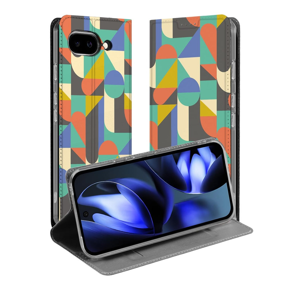 Google Pixel 9a Book Case Funky Retro boek case design kleurrijk geometrisch aanzicht