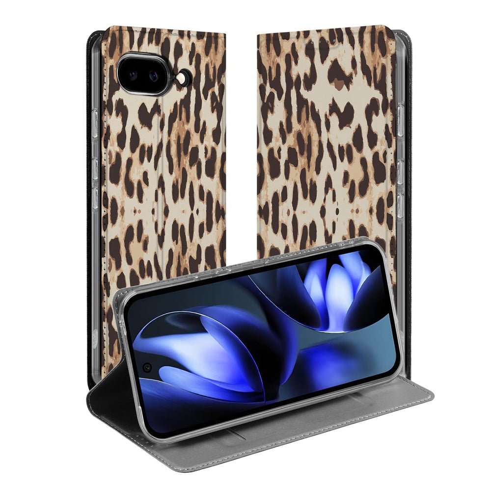 Google Pixel 9a Book Wallet Case Leopard design vooraanzicht