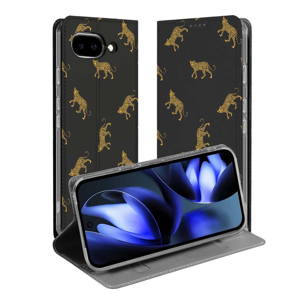 Google Pixel 9a Book Wallet Case Leopards gouden luipaarden zwart ontwerp open