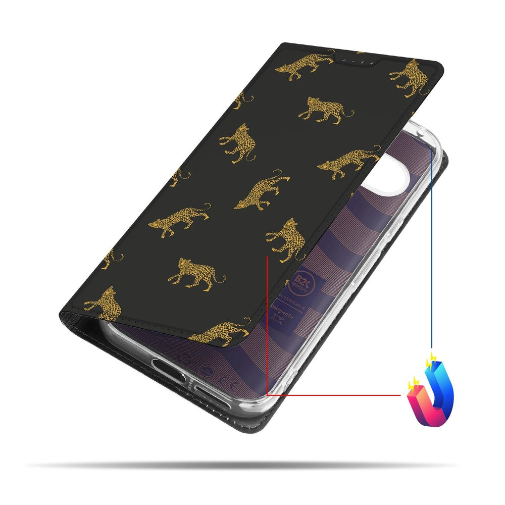 Google Pixel 9a Book Wallet Case Leopards design gouden luipaarden aanzicht