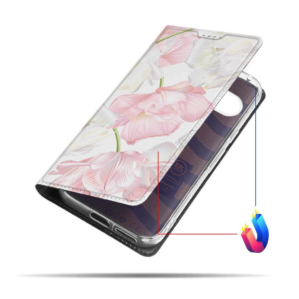 Book Case Google Pixel 9a Lovely Flowers bloemen roze wit elegant design aanzicht