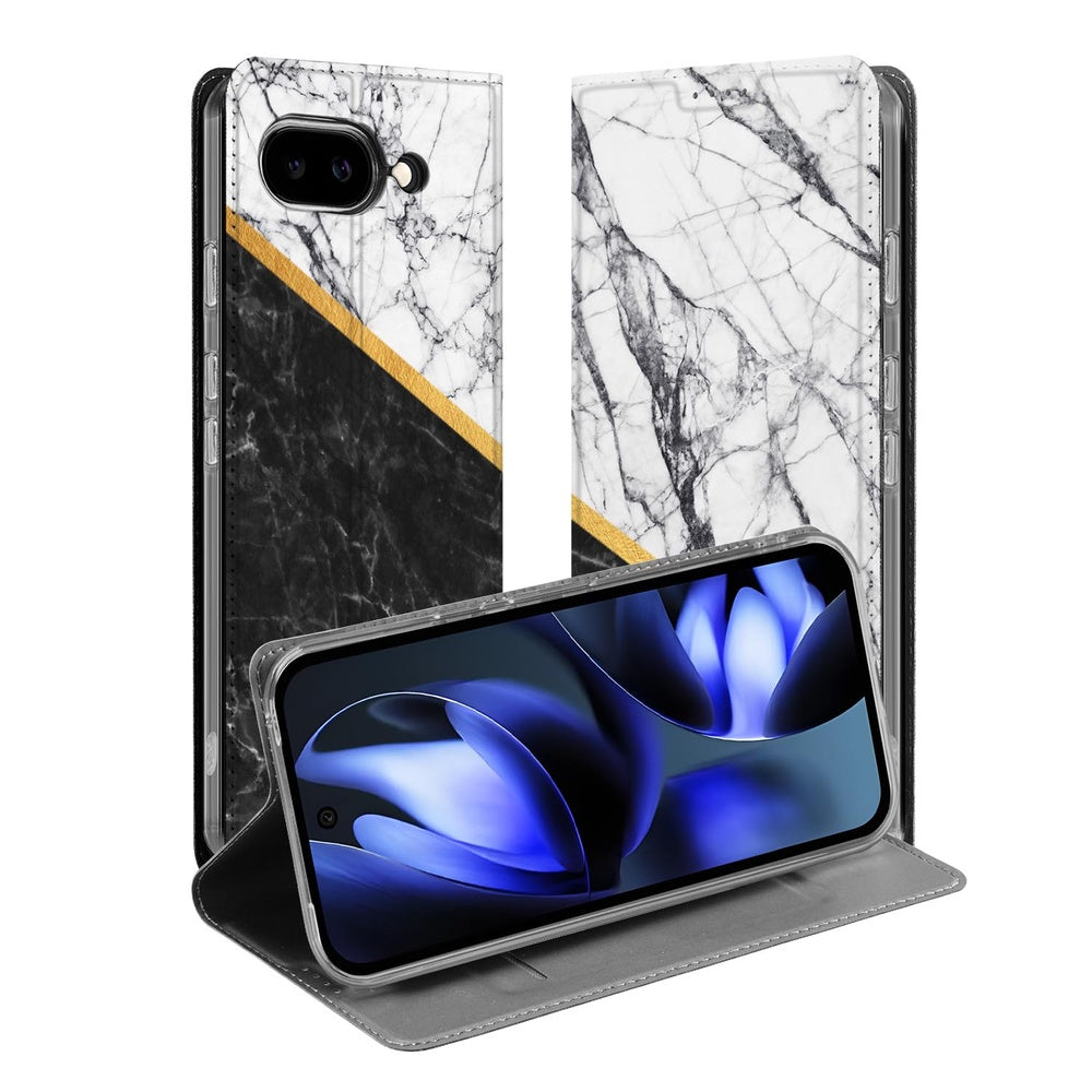 Google Pixel 9a Book Cover Marble White Black design met grijze aders en gouden diagonal voorkant