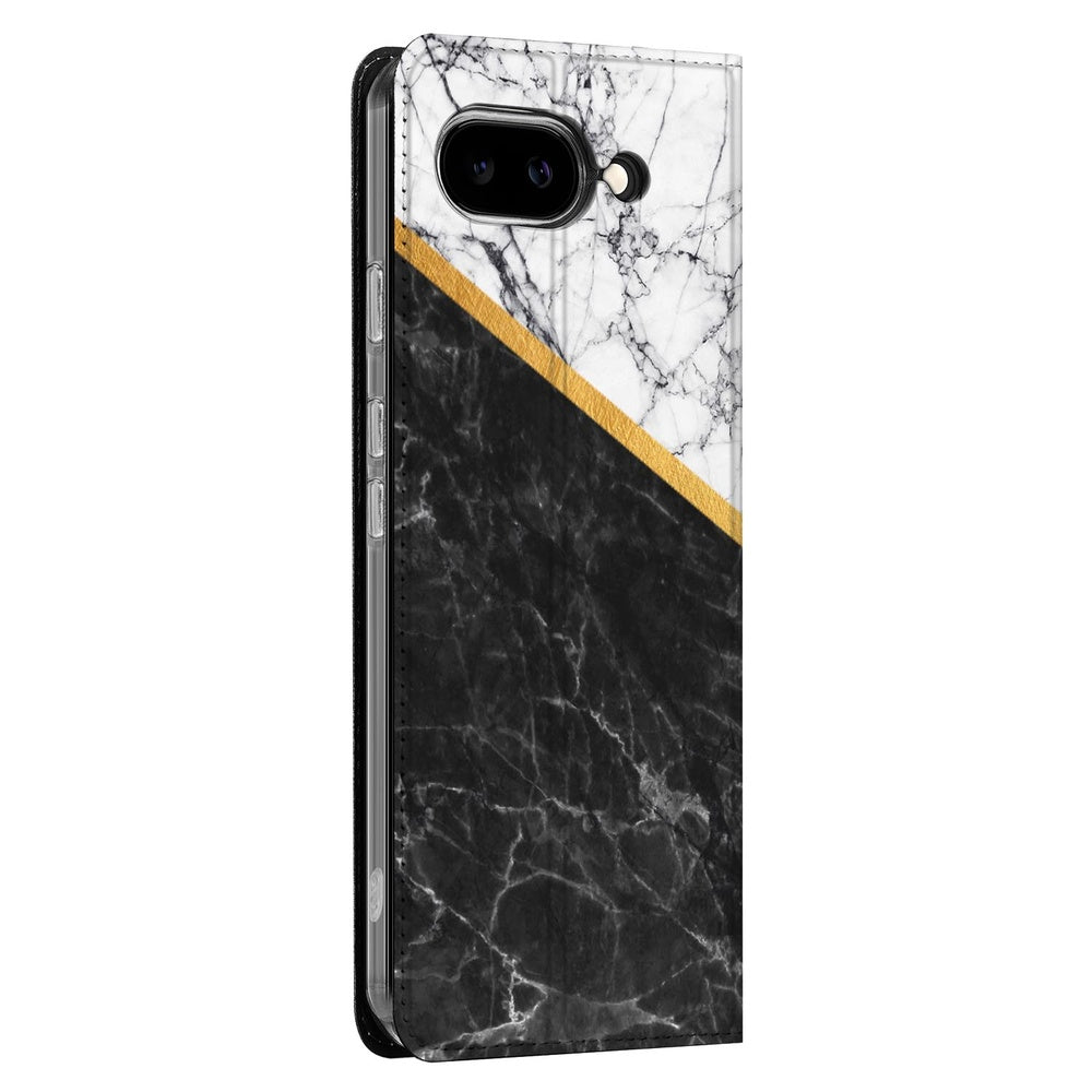Book Cover Google Pixel 9a Marble White Black marmer zwart grijs gouden diagonaal