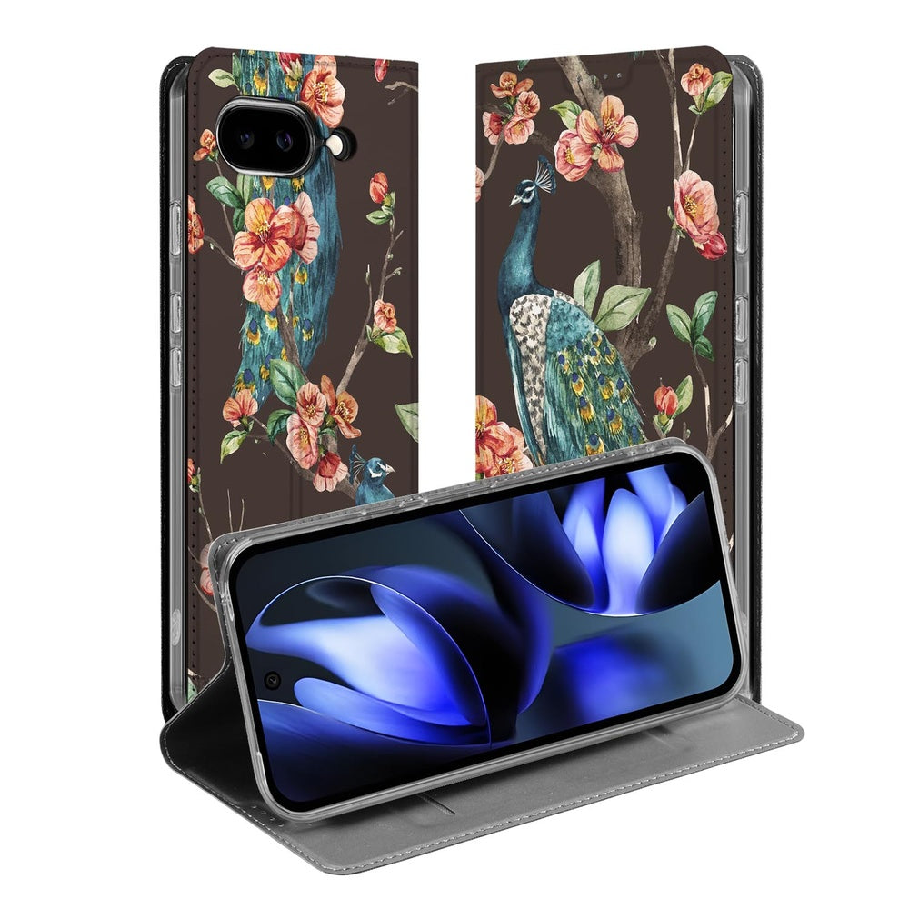 Bookcase Google Pixel 9a Pauw met Bloemen design donkerbruin bloesem pauw aanzicht