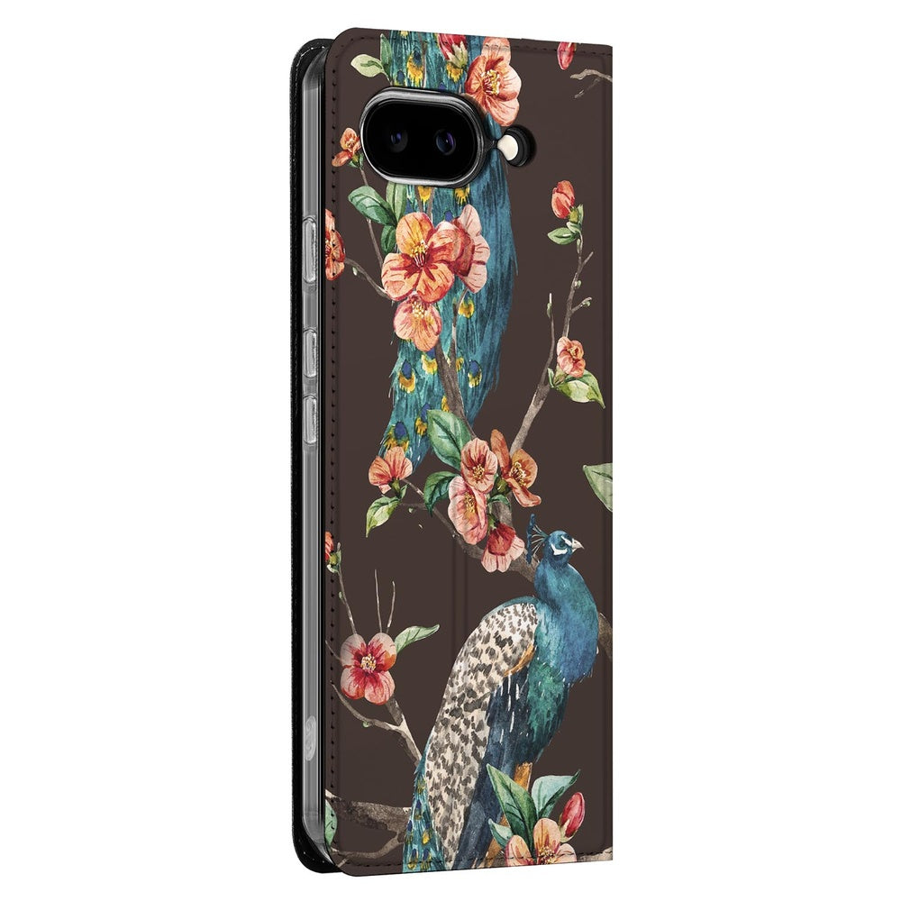 Google Pixel 9a Bookcase Pauw met Bloemen zijaanzicht donkerbruin bloesems pauw
