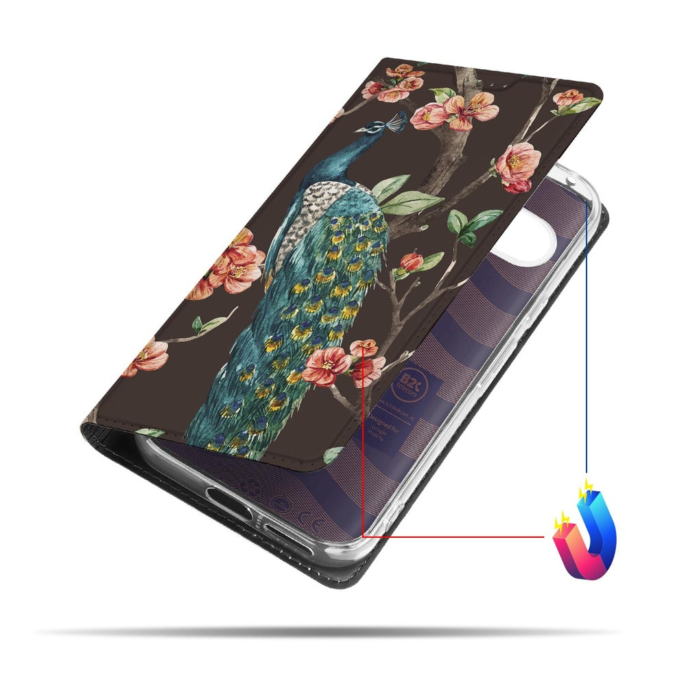 Google Pixel 9a Bookcase Pauw met Bloemen aanzicht donkerbruine achtergrond bloesemtakken pauw