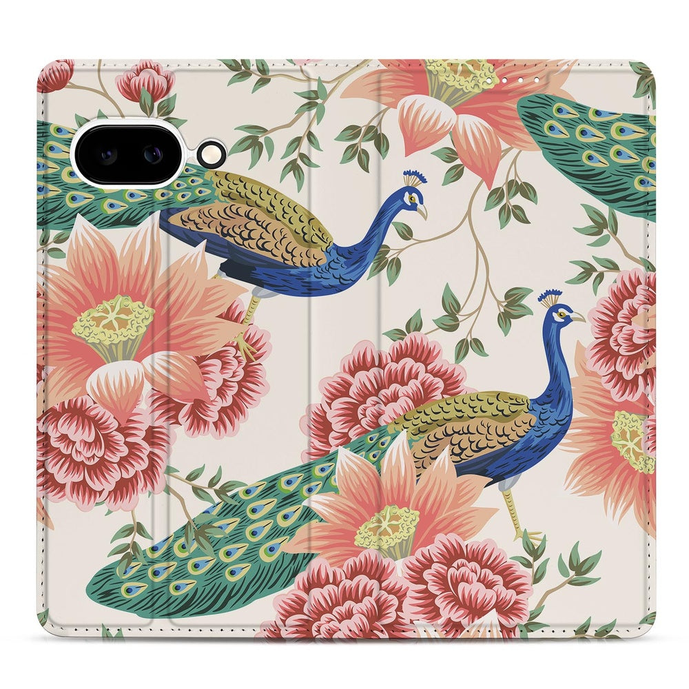 Google Pixel 9a Book Cover Pink Peacock voorkant met pauwen en bloemen