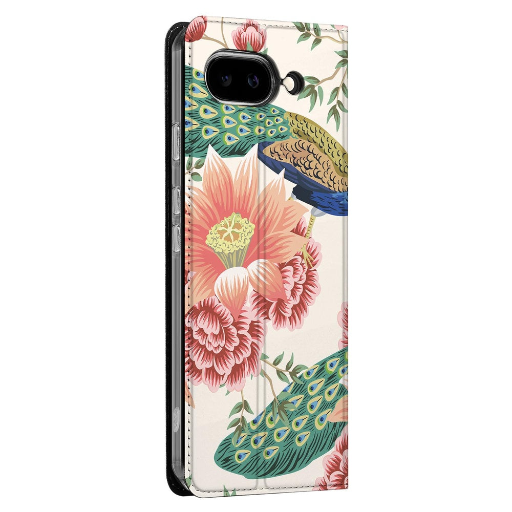 Google Pixel 9a Book Cover Pink Peacock zijaanzicht bloemen en veren