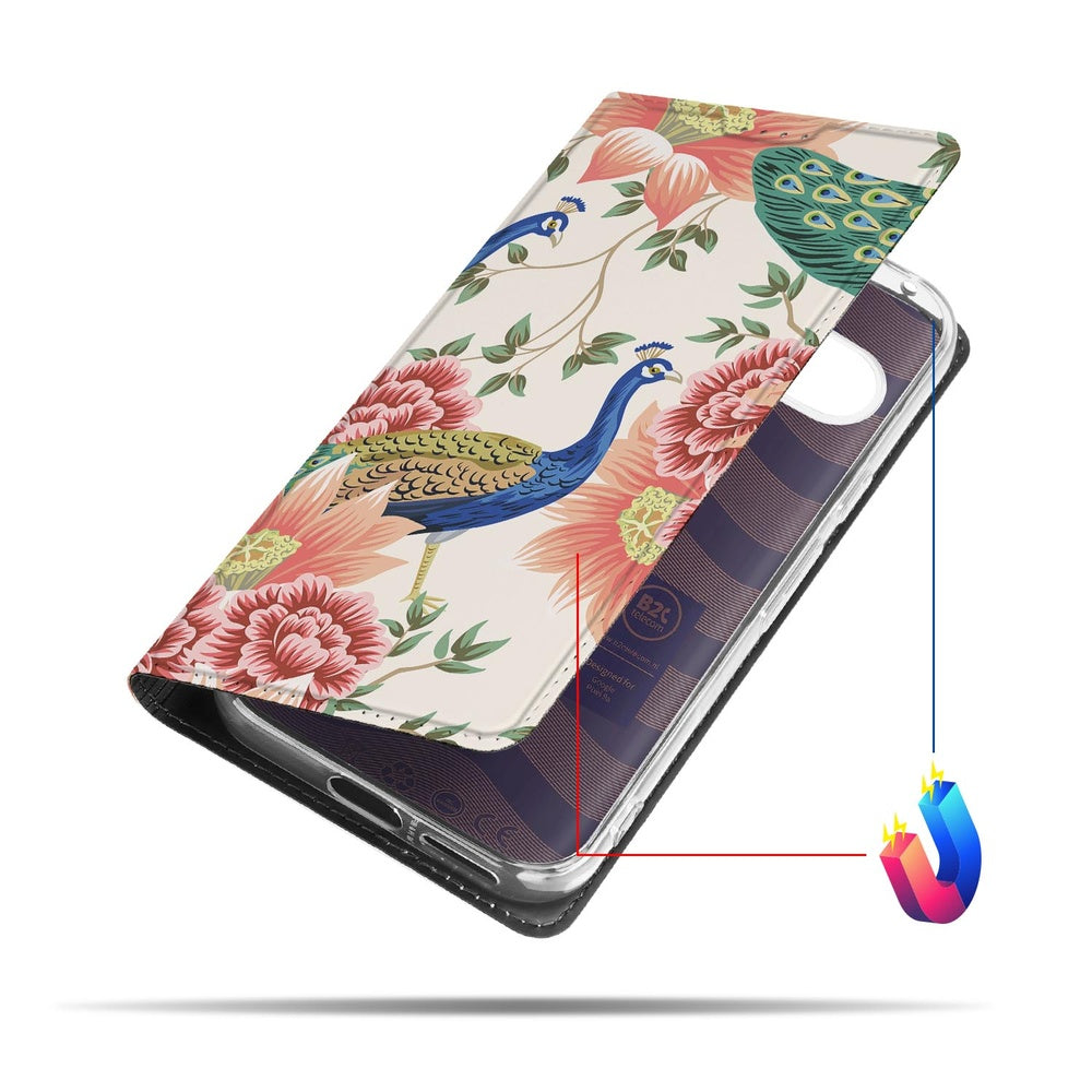 Google Pixel 9a Book Cover Pink Peacock voorkant bloemen veren