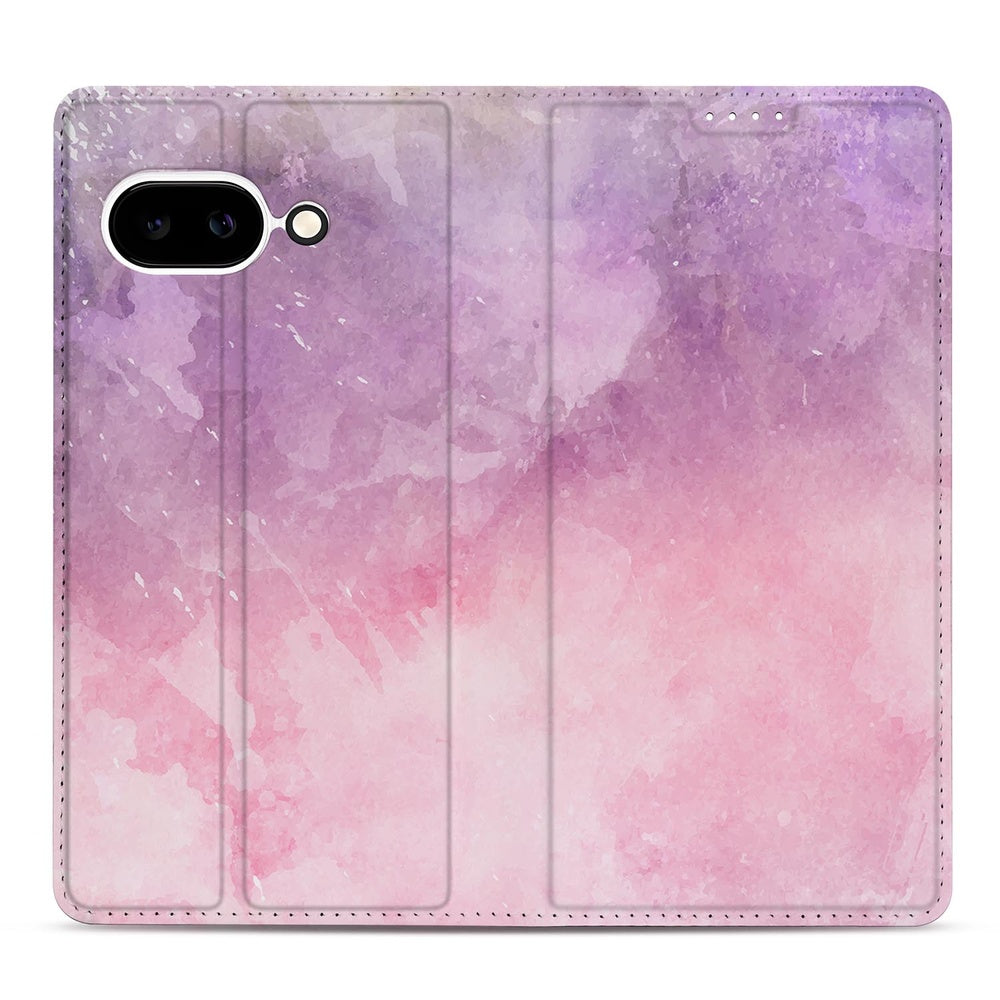 Google Pixel 9a Book Wallet Case Pink Purple Paint achterkant met aquarel patroon