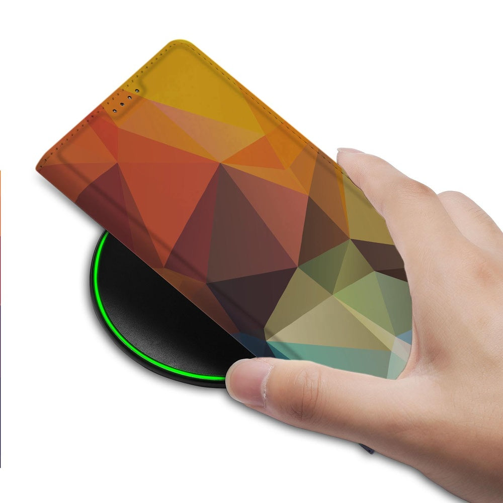 Google Pixel 9a Book Wallet Case Polygon Color hand bovenop draadloze oplader