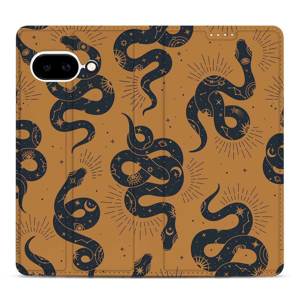 Google Pixel 9a Book Wallet Case Snakes slangenprint bruin ontwerp