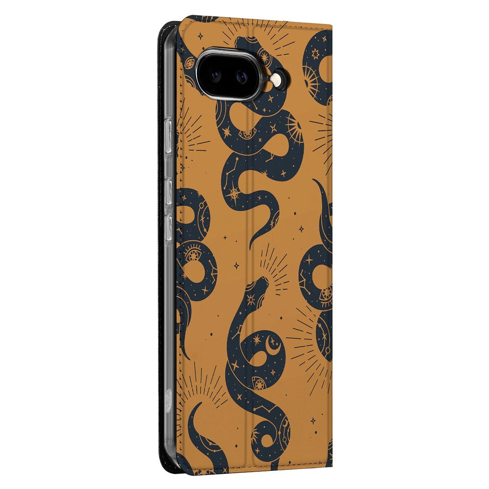 Google Pixel 9a Book Wallet Case Snakes slangenprint bruin zwart design