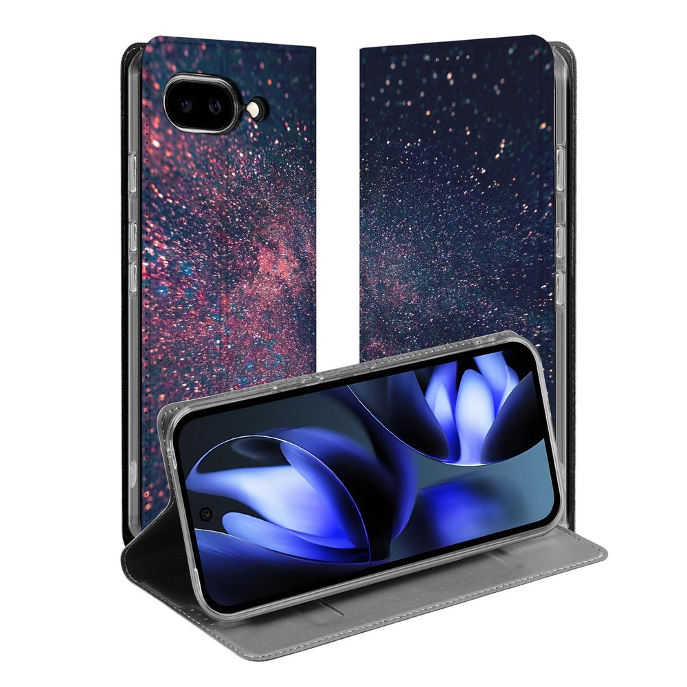 Google Pixel 9a Book Case Google Pixel 9a Stars ontwerp glanzend paarse blauwe sterrenstand