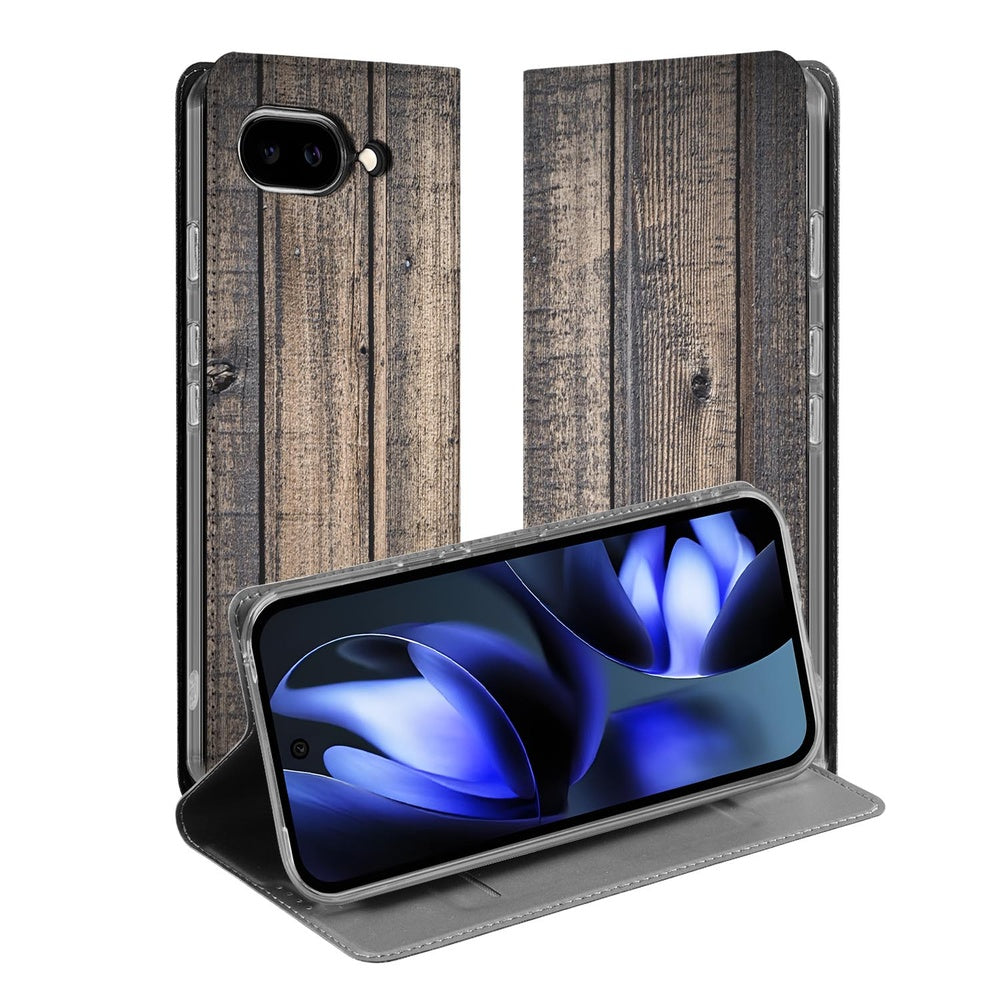 Google Pixel 9a Book Case Steigerhout open aanzicht houtprint