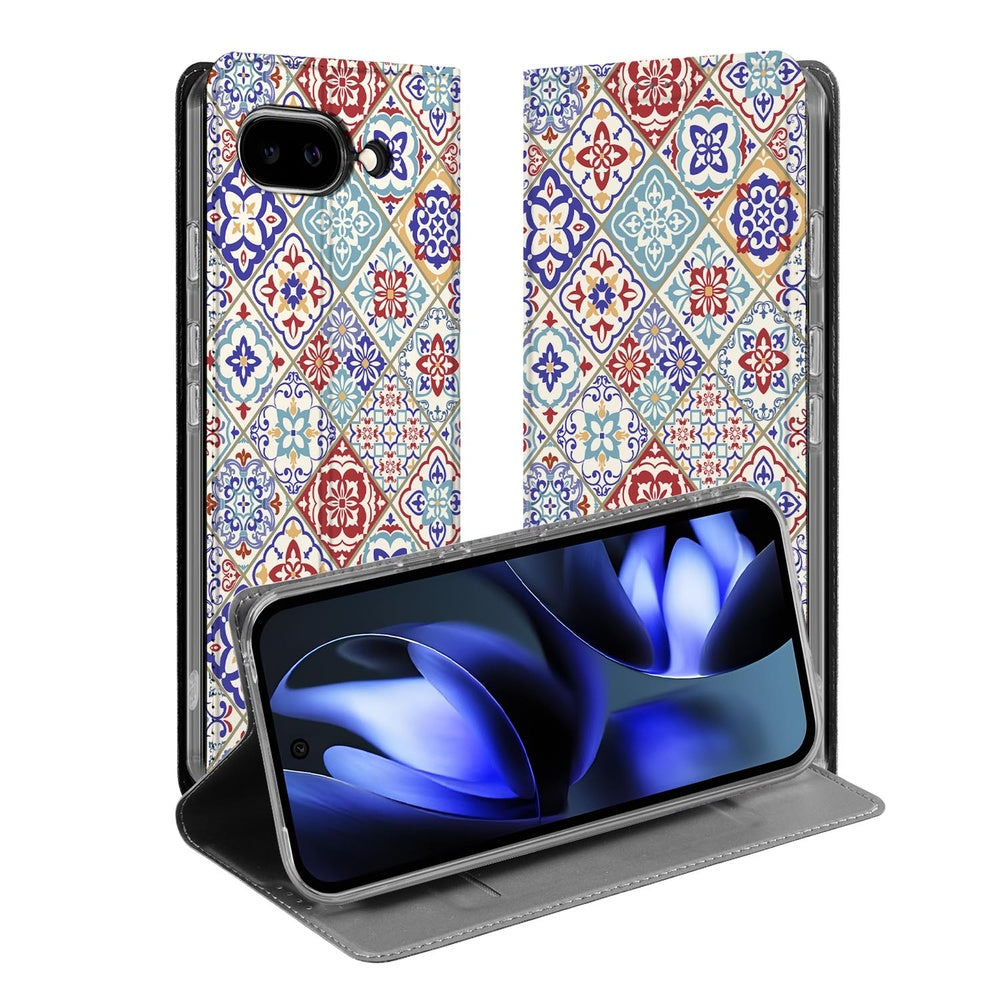 Google Pixel 9a Tiles Color telefoonhoesje standcase kleurrijk tegelpatroon vooraanzicht
