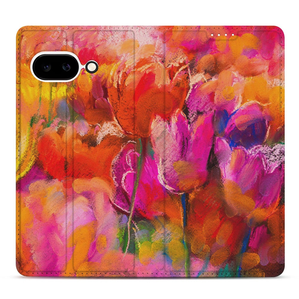 Google Pixel 9a Book Wallet Case Tulips bloemen kleurrijk ontwerp