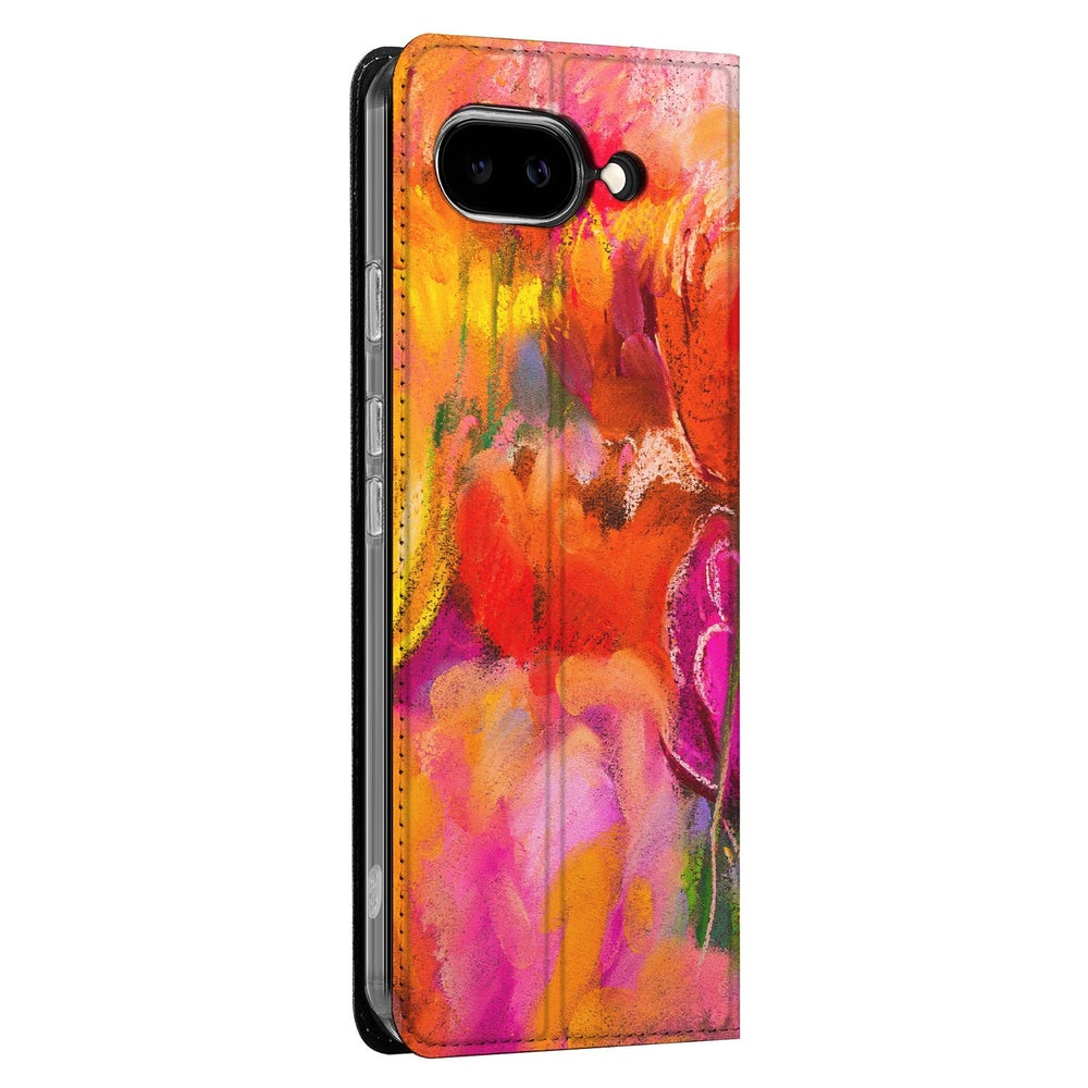 Book Wallet Case Google Pixel 9a Tulips ontwerp tulpen oranje framboos paars zijkant