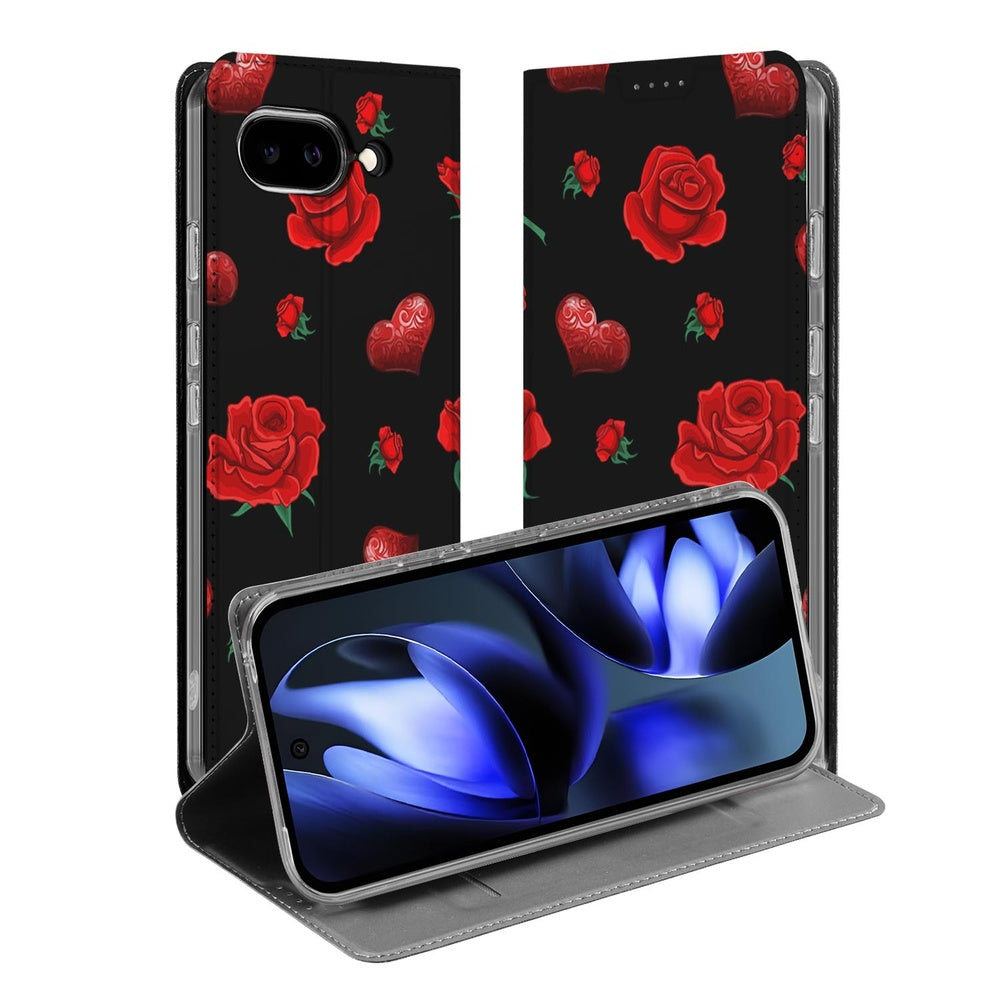 Bookcase Google Pixel 9a Valentine telefoonhoesje met rozen en hartjes vooraanzicht