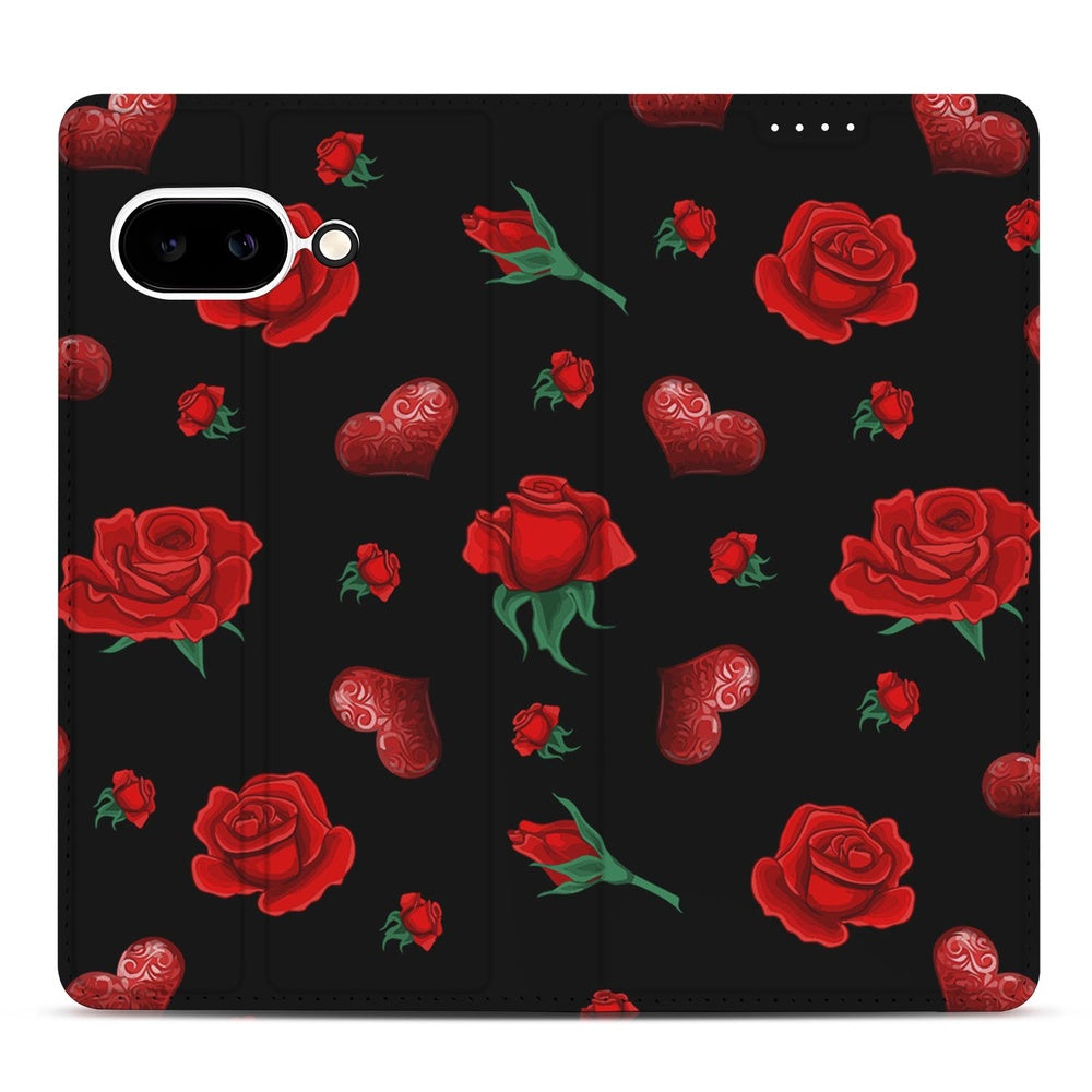 Google Pixel 9a Bookcase Valentine zwart dieprode rozen hartjes aanzicht