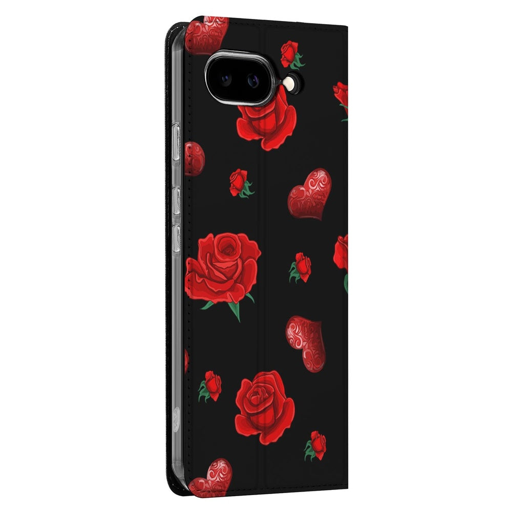 Google Pixel 9a Bookcase Valentine zwarte basis dieprode rozen hartjes aanzicht