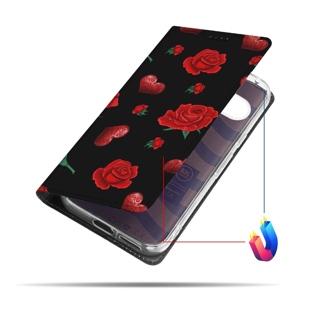 Bookcase Google Pixel 9a Valentine zwarte basis dieprode rozen hartjes aanzicht