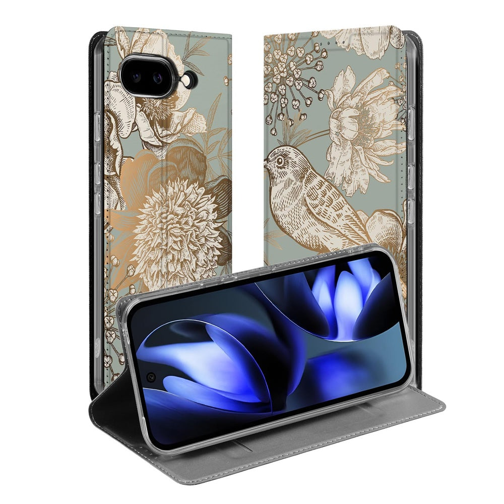 Google Pixel 9a Book Cover Vintage Bird Flowers design vintage bloemen vogels voorkant
