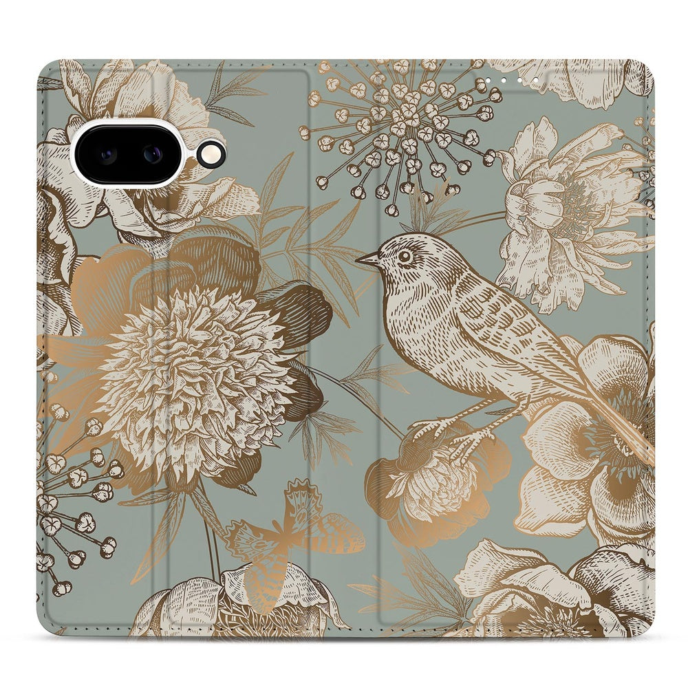 Google Pixel 9a Book Cover Vintage Bird Flowers vintage design bloemen vogel groen