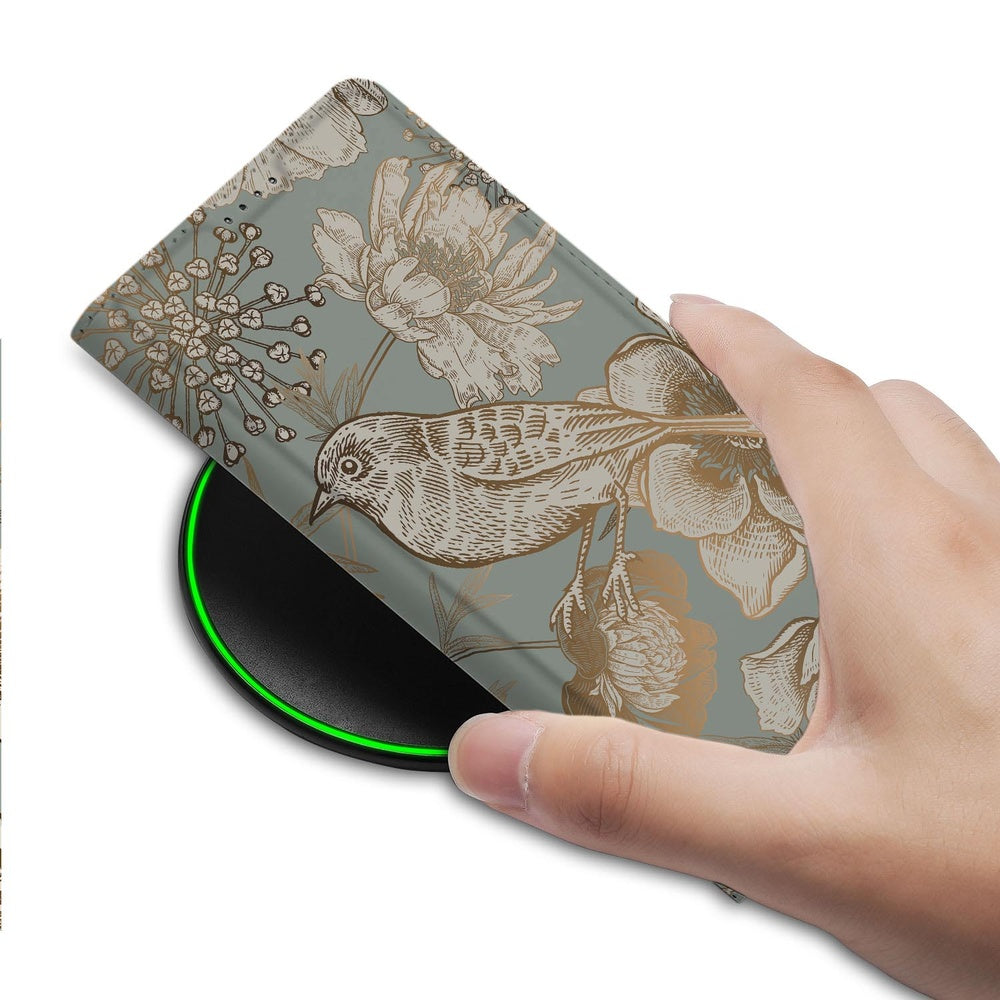 Google Pixel 9a Book Cover Vintage Bird Flowers hand holding design vintage bird flowers green background