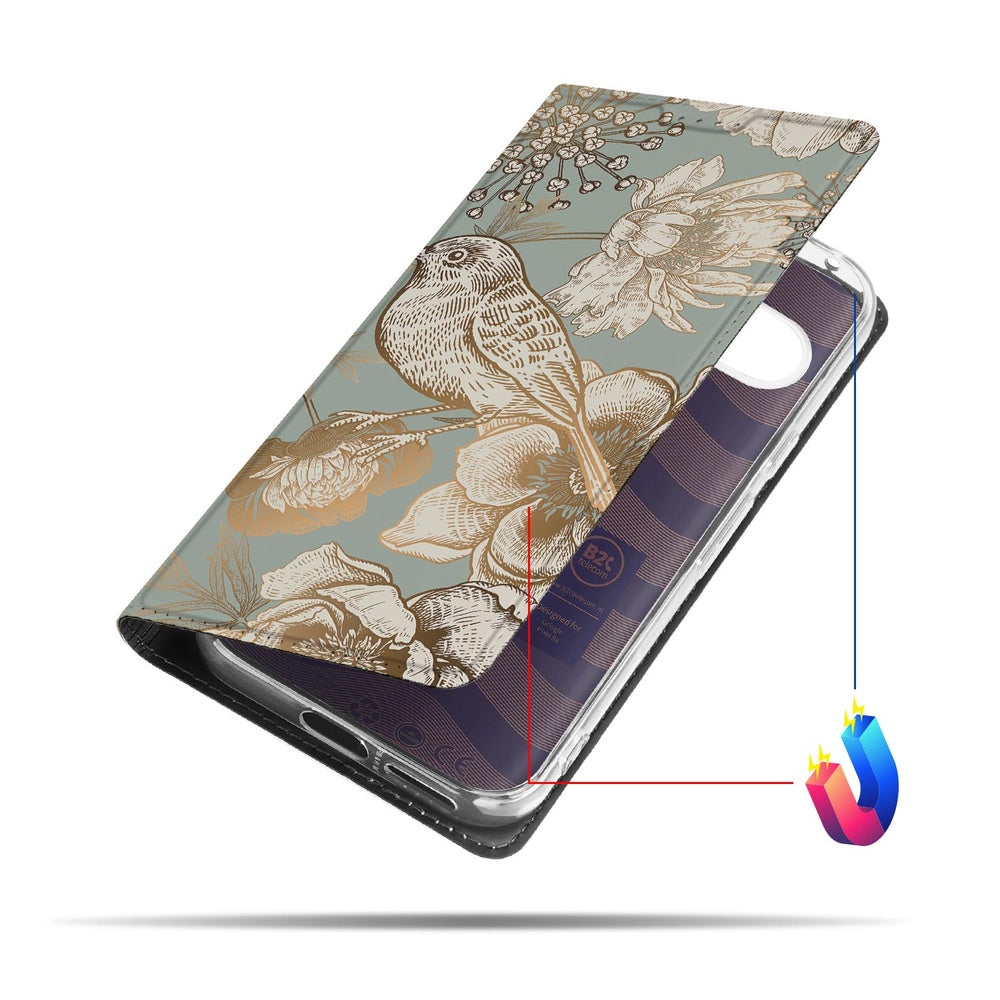 Google Pixel 9a Book Cover Vintage Bird Flowers vintage vogel bloemen ontwerp aanzicht