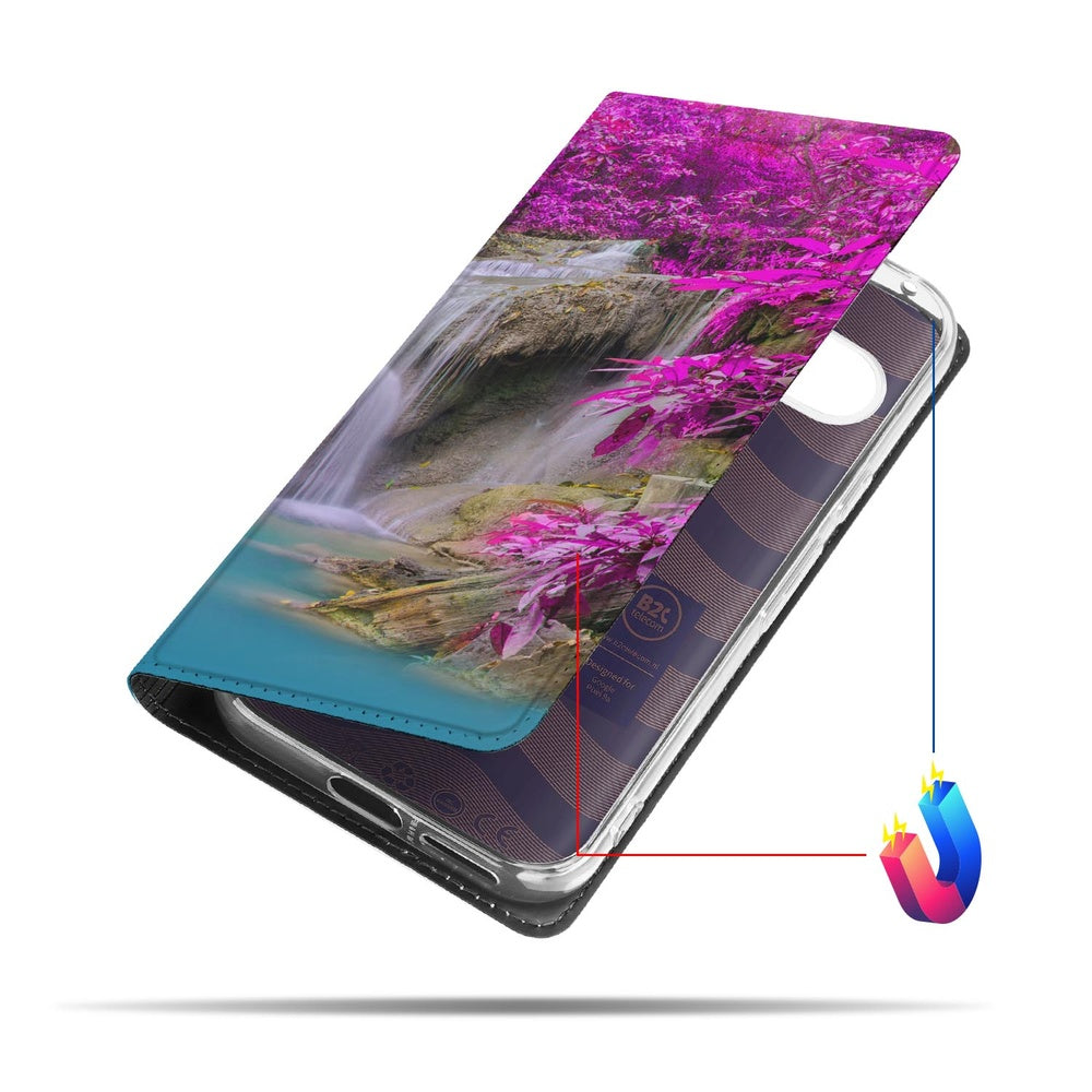 Google Pixel 9a Telefoonhoesje Waterval boekhoes waterfall paarse bloemen zijaanzicht