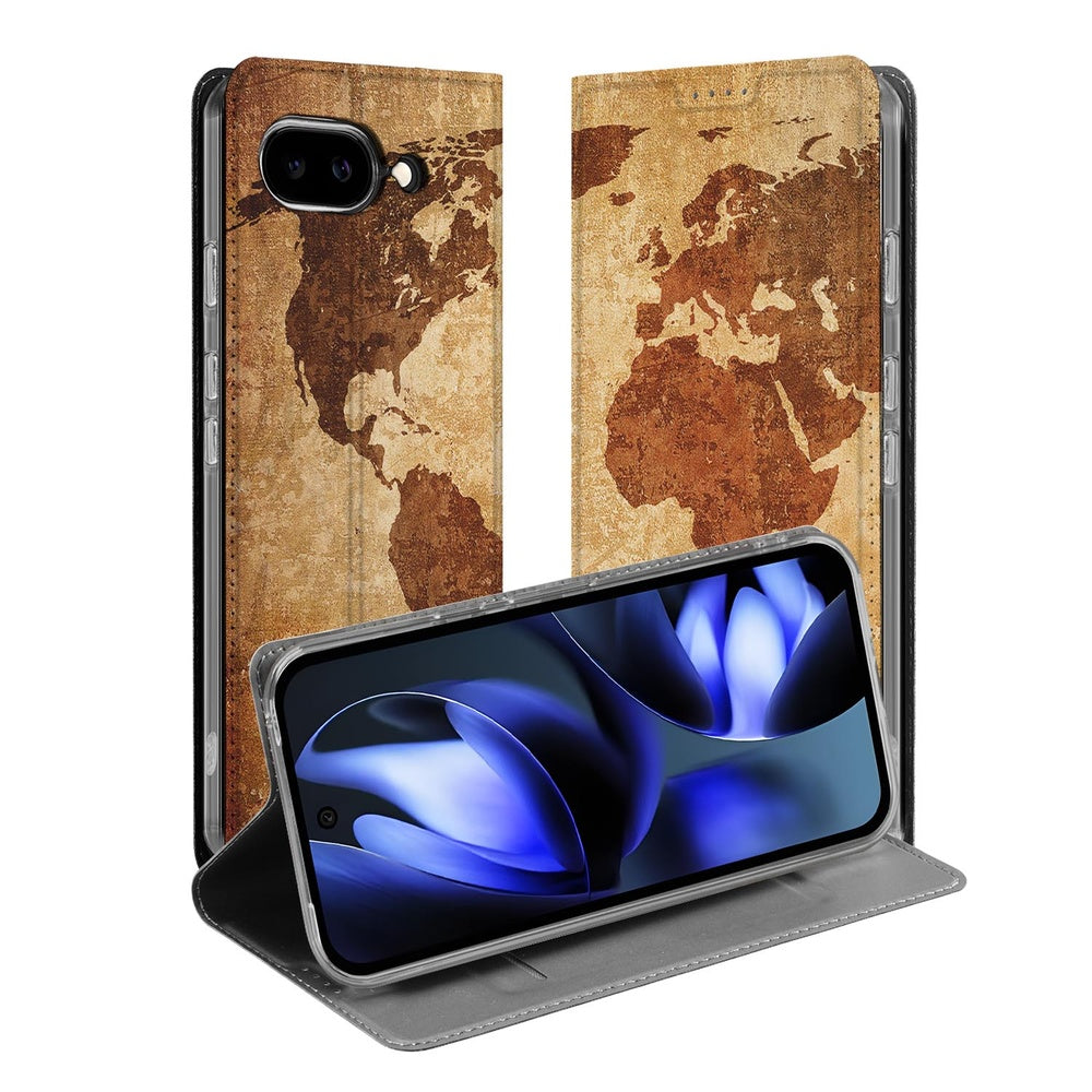 Google Pixel 9a Book Wallet Case Wereldkaart vintage wereldkaart design bruin
