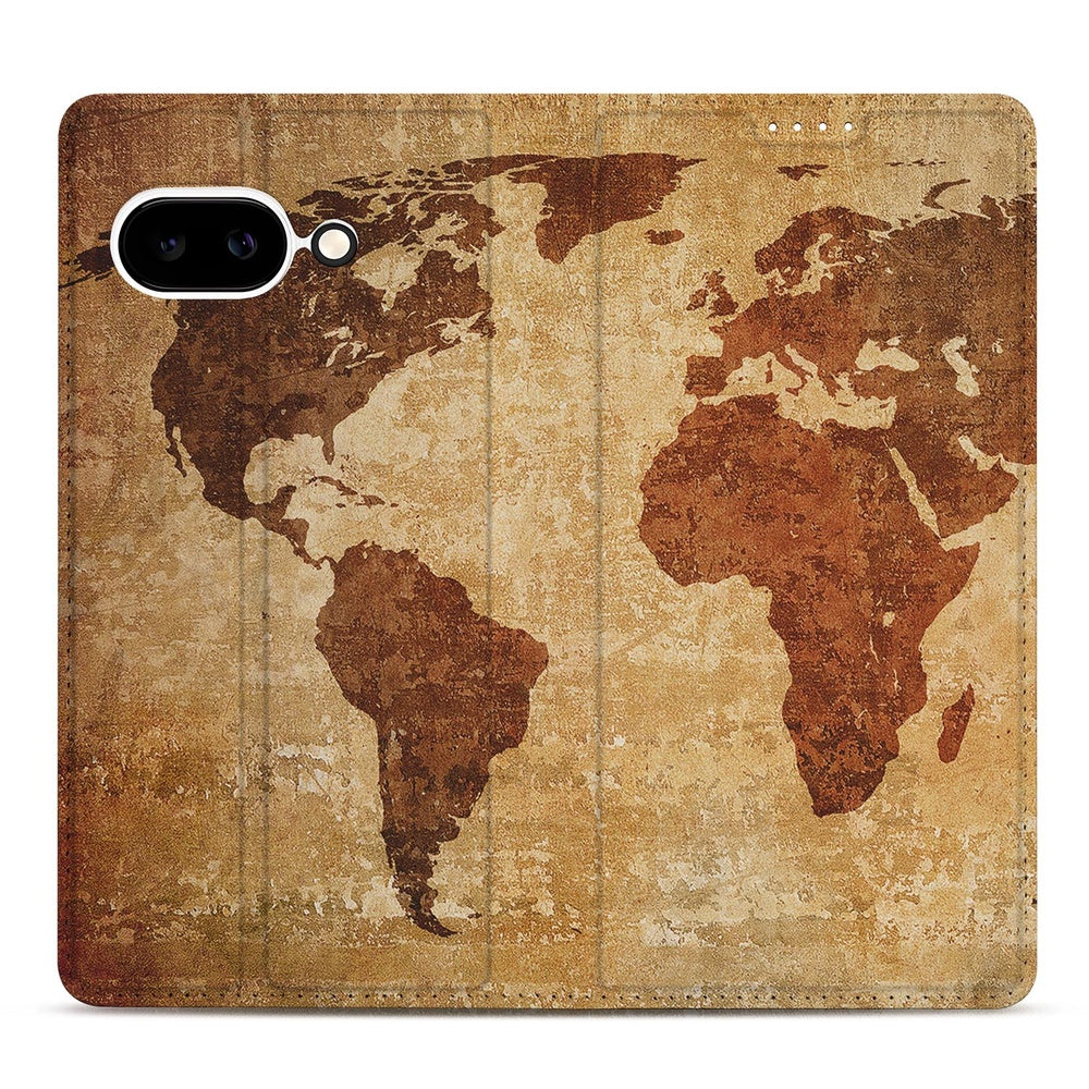 Google Pixel 9a Book Wallet Case Wereldkaart vintage wereldkaart-design bruin