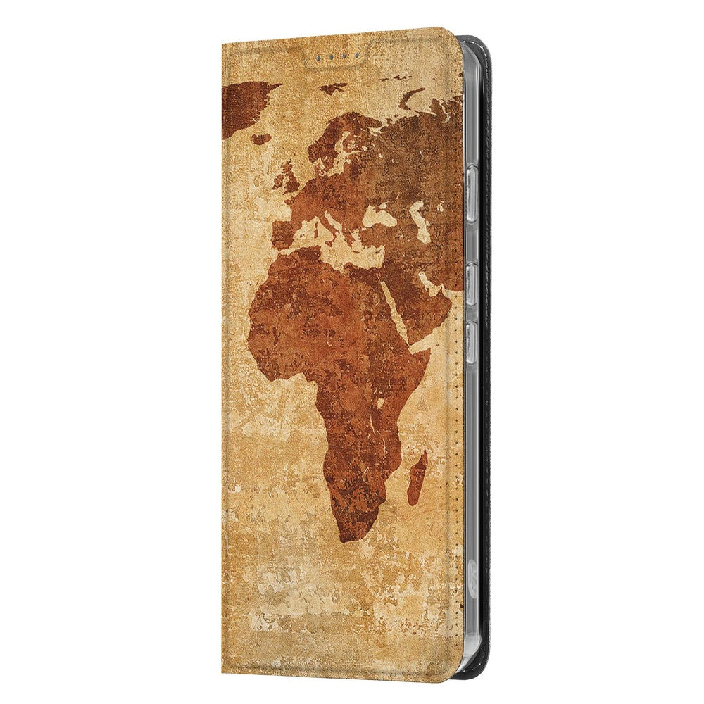Google Pixel 9a Book Wallet Case Wereldkaart vintage wereldkaart design bruin