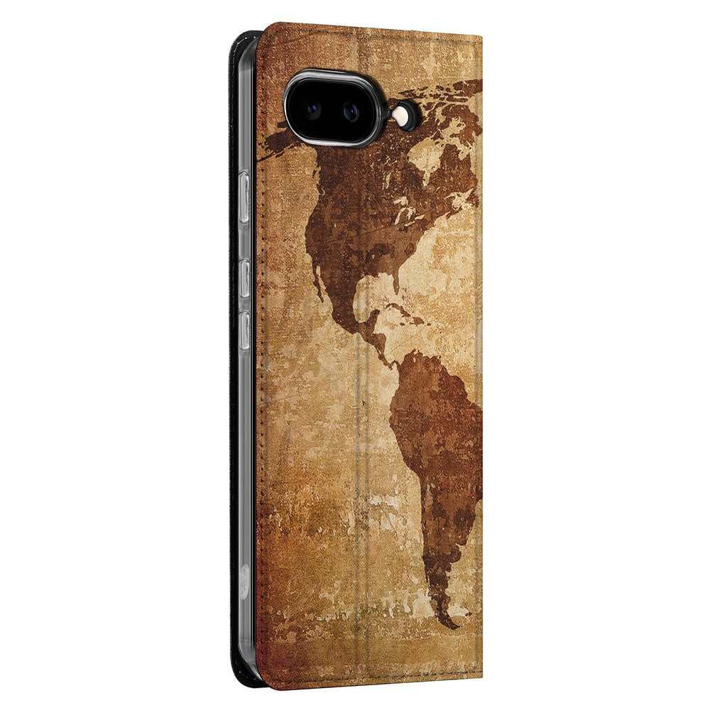 Google Pixel 9a Book Wallet Case Wereldkaart vintage wereldkaart bruin zijaanzicht