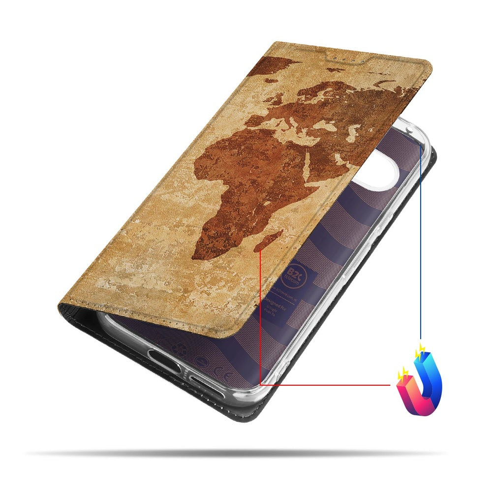 Google Pixel 9a Book Wallet Case Wereldkaart boekomslag wereldkaart bruintinten voorkant