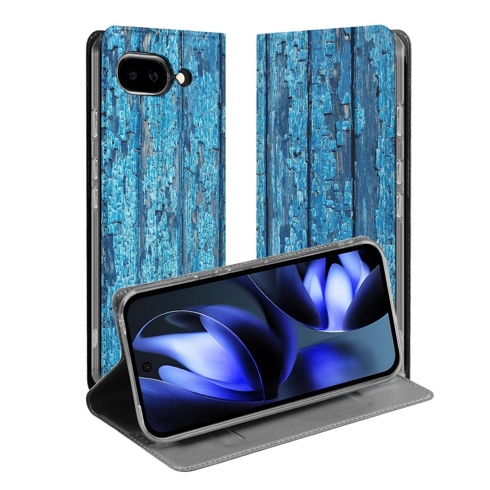 Google Pixel 9a Flip Style Cover Wood Blue book wallet case design aanzicht
