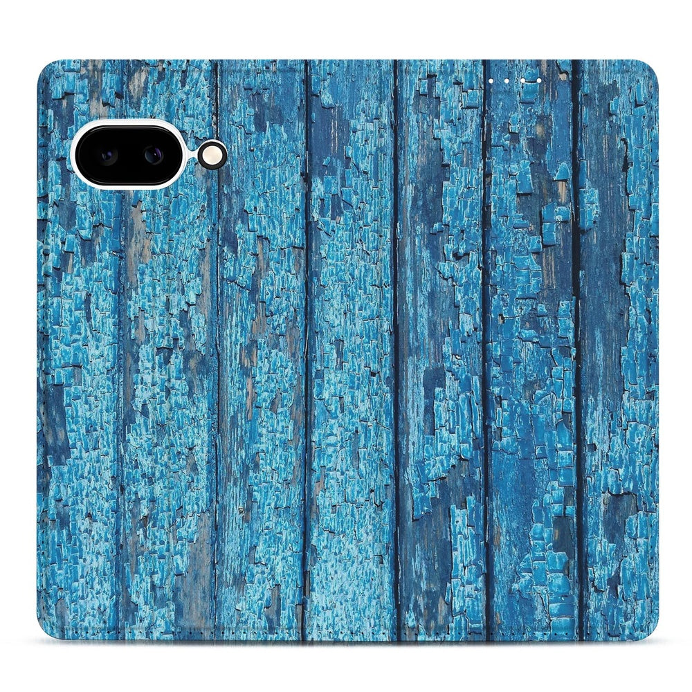 Google Pixel 9a Flip Style Cover Wood Blue hout blauw achterzijde