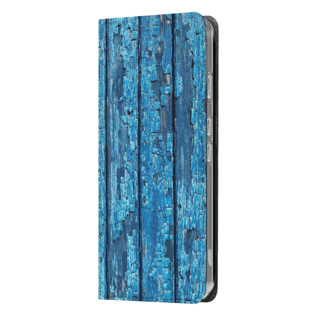 Google Pixel 9a Flip Style Cover Wood Blue design blauw hout aanzicht