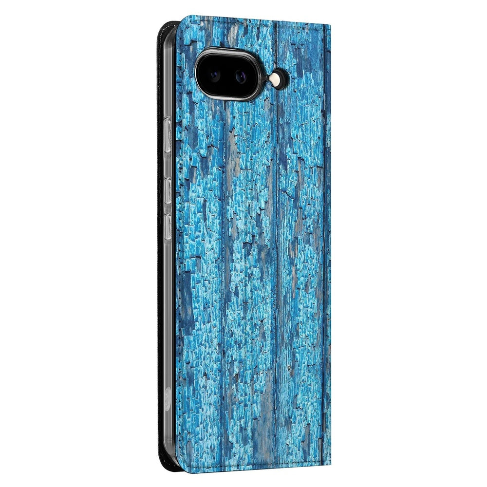 Google Pixel 9a Flip Style Cover Wood Blue book wallet case blue wood design zijaanzicht