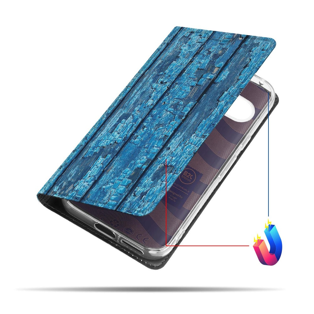 Google Pixel 9a Flip Style Cover Wood Blue hoesje blauw hout design vanuit bovenaanzicht