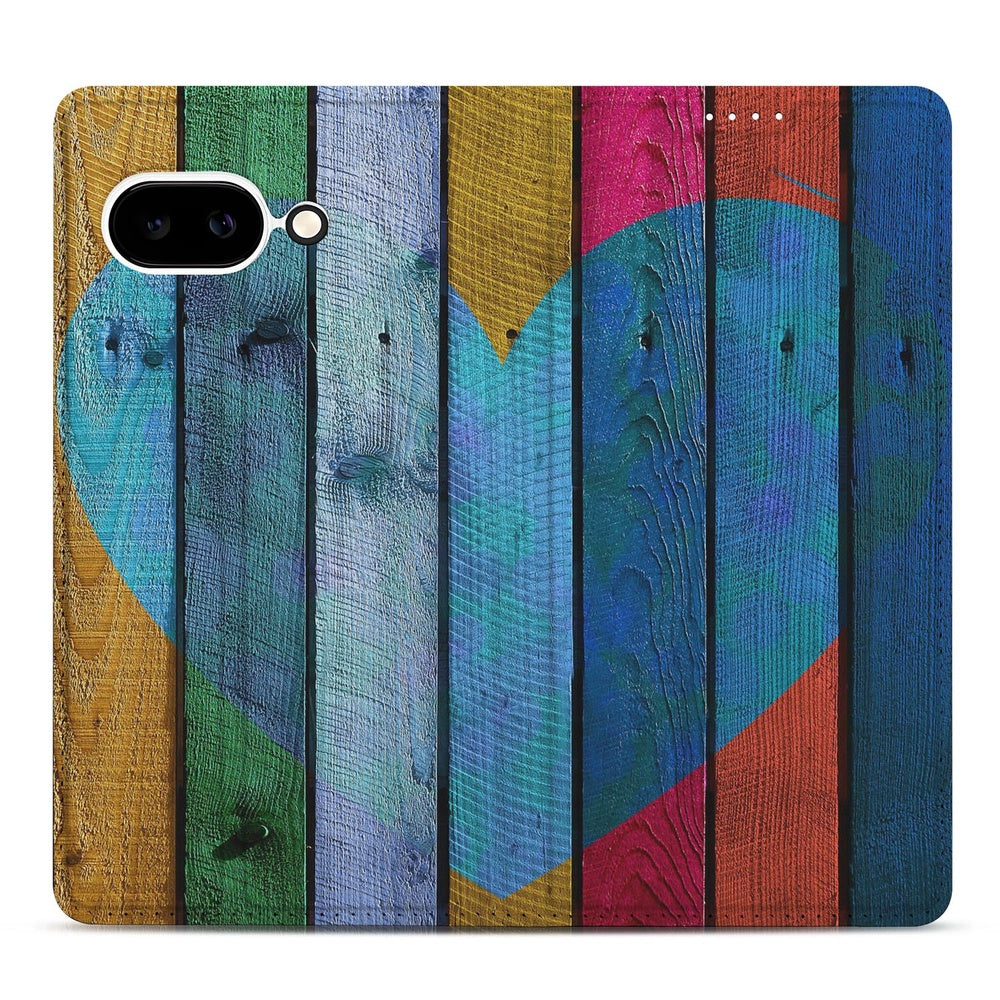 Google Pixel 9a Standcase Hoesje Wood Heart kleurrijk houten patroon hart