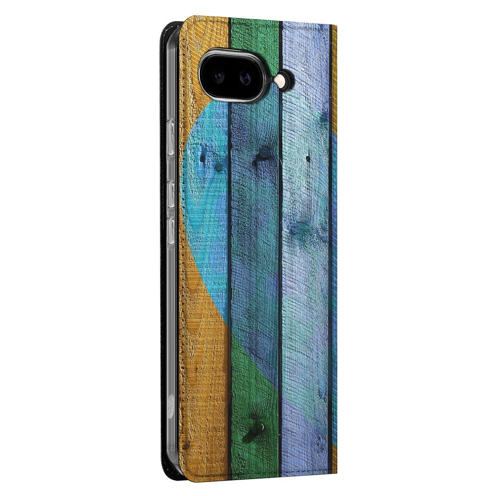 Google Pixel 9a Standcase Hoesje Wood Heart design houtstructuur kleurrijk aanzicht